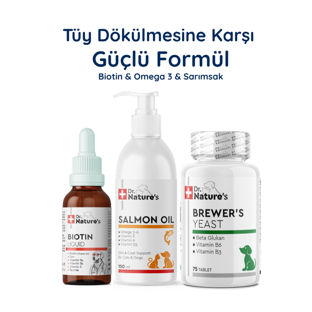 Köpek Tüy Sağlığı Seti – Somon Yağı Omega 3 + Biotin Damla + Brewers Yeast Deri ve Tüy Destek Paketi