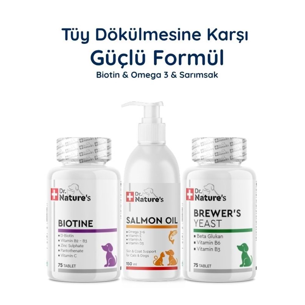 Köpek Somon Yağı Omega 3 + Biotin 75 Tablet + Brewers Yeast Seti – Deri ve Tüy Sağlığı Destek Paketi