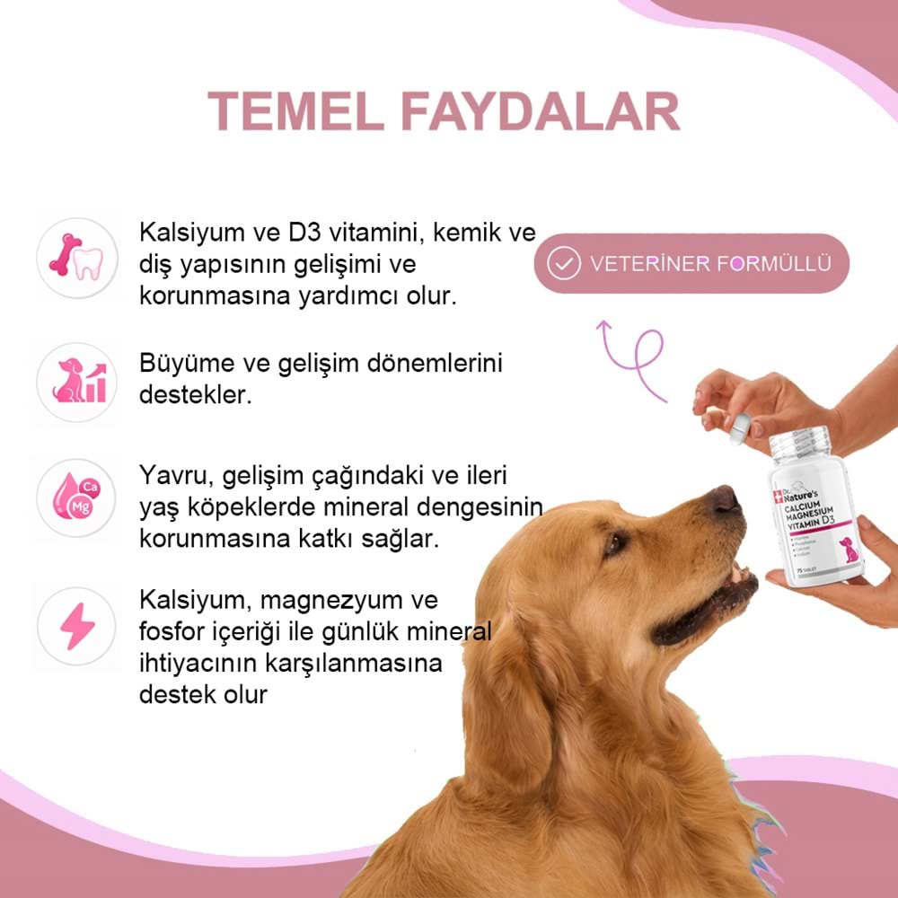 Köpek Kalsiyum 75 Tablet – Kemik ve Diş Gelişimi Destekleyici D3 & Magnezyum