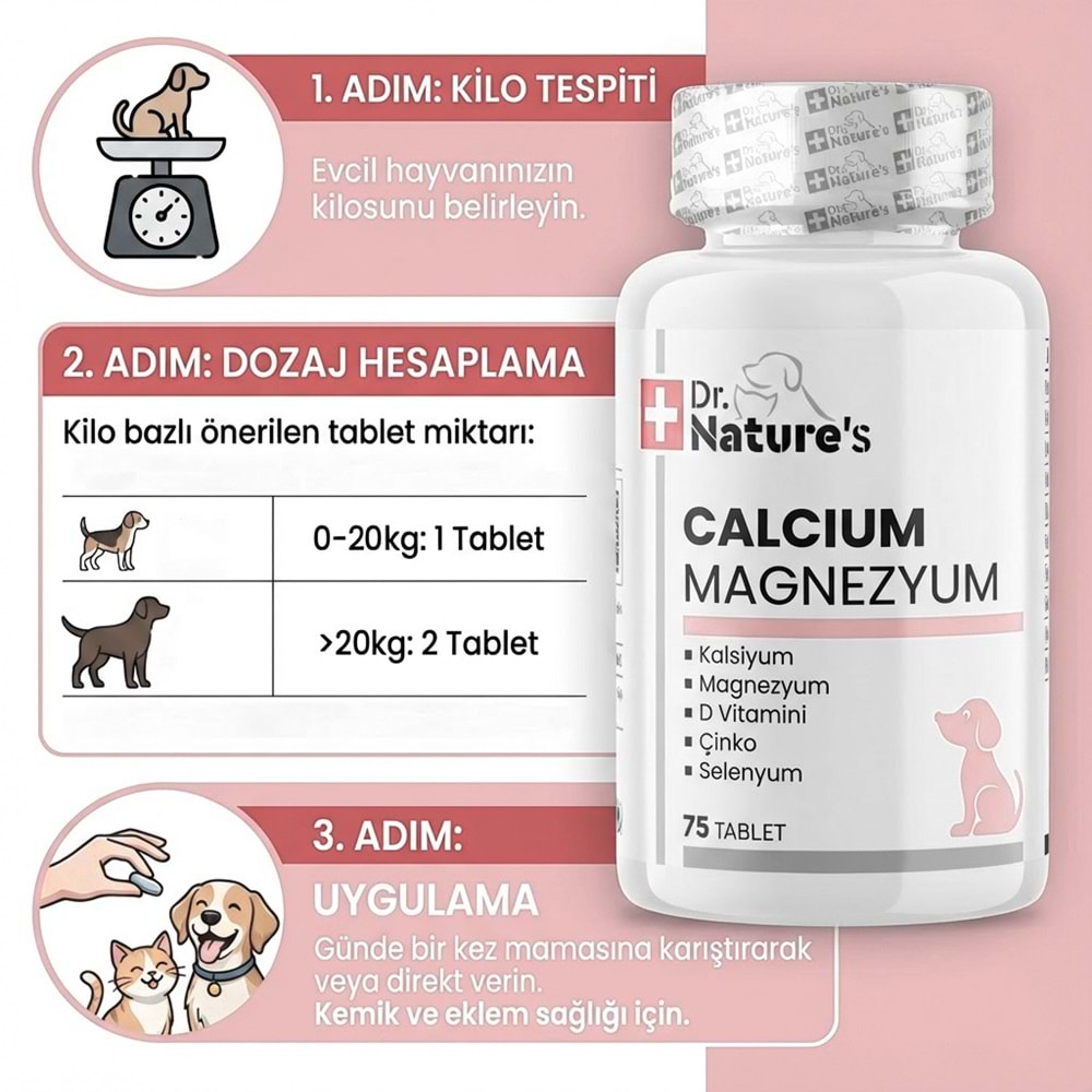 Köpek Kalsiyum 75 Tablet – Kemik ve Diş Gelişimi Destekleyici D3 & Magnezyum