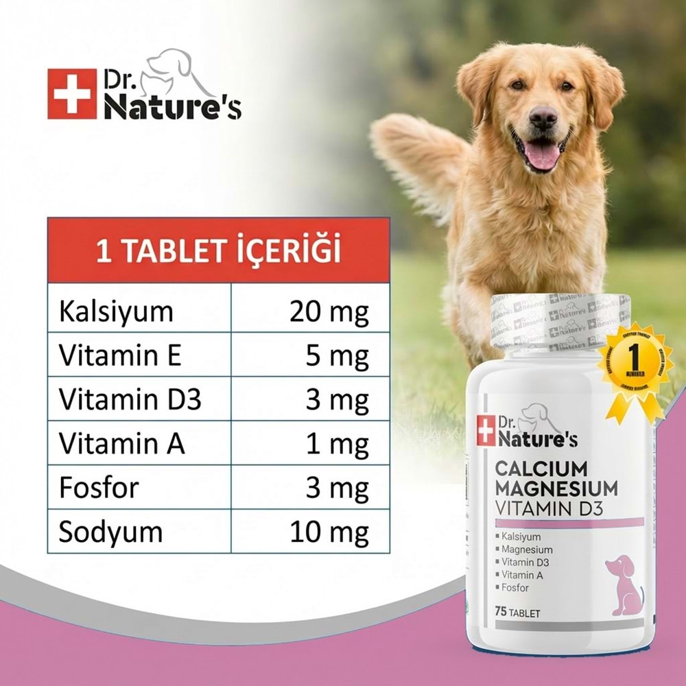 Köpek Kalsiyum 75 Tablet – Kemik ve Diş Gelişimi Destekleyici D3 & Magnezyum