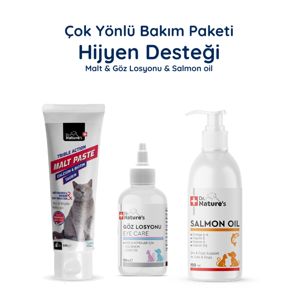 Kedi Malt Macunu + Somon Yağı Omega-3 + Kulak Temizleme Solüsyonu Seti – Tüy Sağlığı ve Bakım Paketi