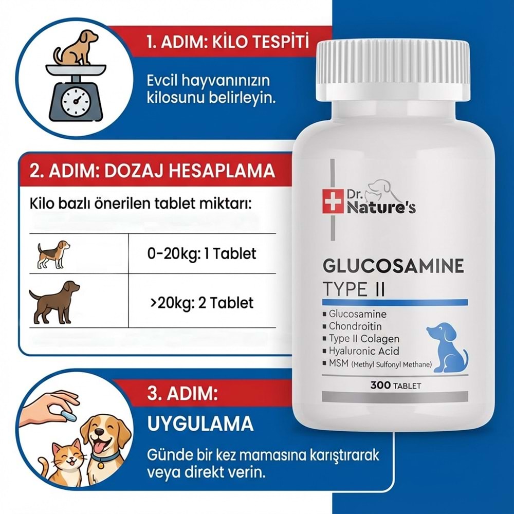 Köpek Glukozamin Tablet 300 Tablet – Eklem Destekleyici MSM Kondroitin İçeren Hareket ve Kıkırdak Desteği