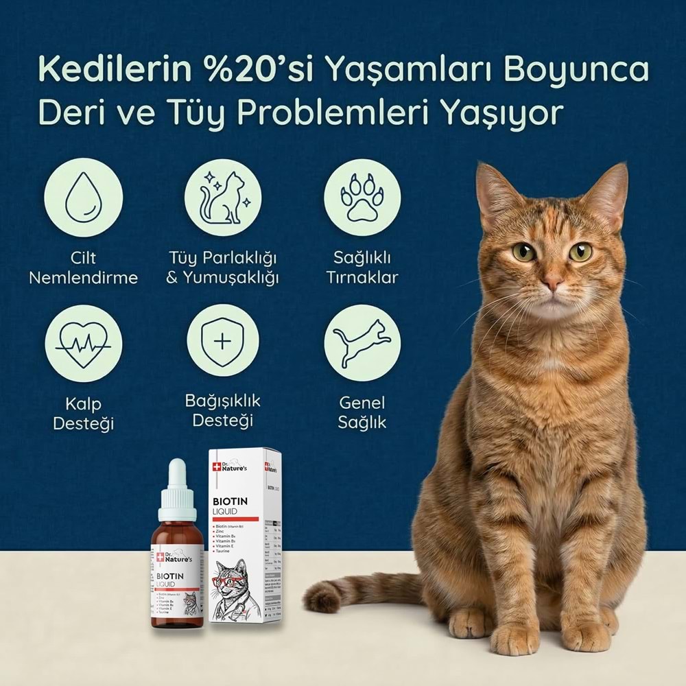 Kedi Tüy Damlası 50 ml – Biotin ve Çinko İçeren Sıvı Deri & Tüy Vitamini