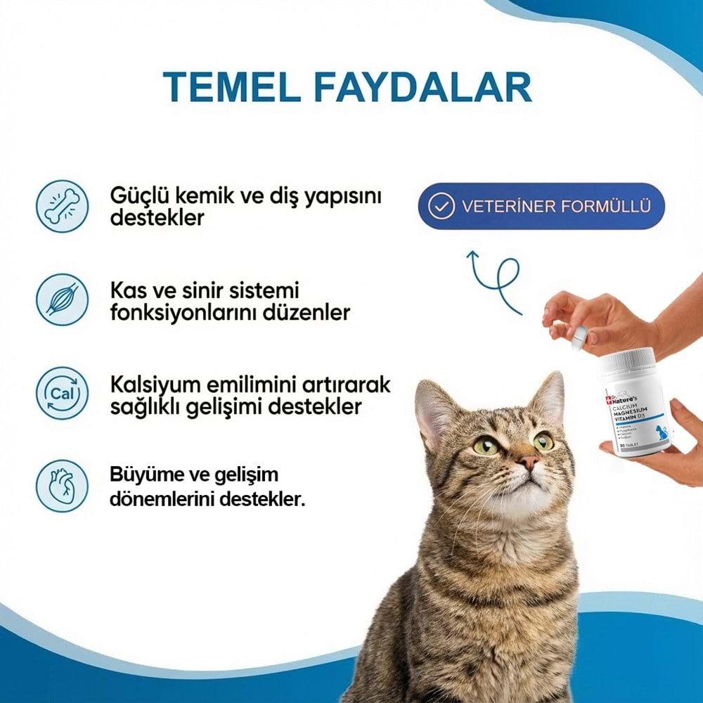 Kedi Kalsiyum Tablet 30 Tablet – Kemik ve Diş Gelişimi Destekleyici D3 & Magnezyum