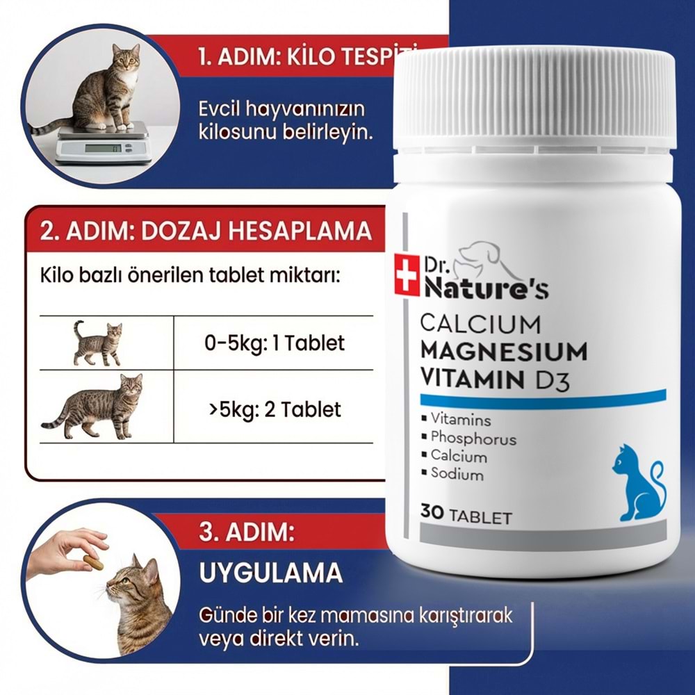 Kedi Kalsiyum Tablet 30 Tablet – Kemik ve Diş Gelişimi Destekleyici D3 & Magnezyum