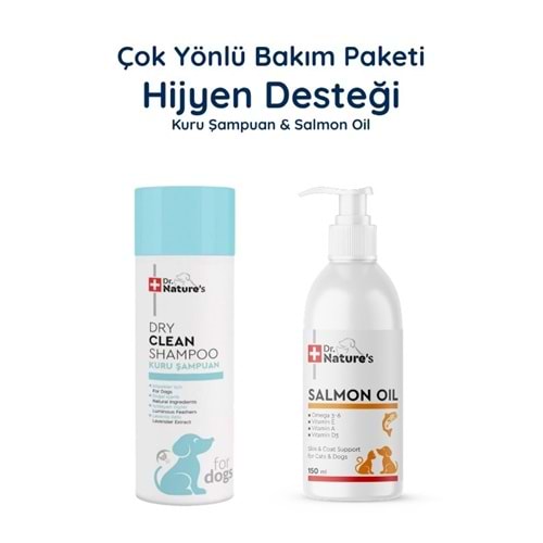 Köpek Kuru Şampuan + Somon Yağı Omega 3 Seti – Temizlik ve Tüy Sağlığı Destek Paketi