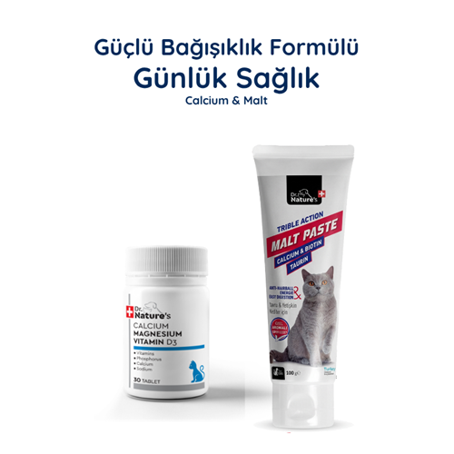 Kedi Malt Macunu + Kalsiyum Magnesium D3 Tablet Seti – Tüy Yumağı, Kemik ve Diş Sağlığı Destek Paketi
