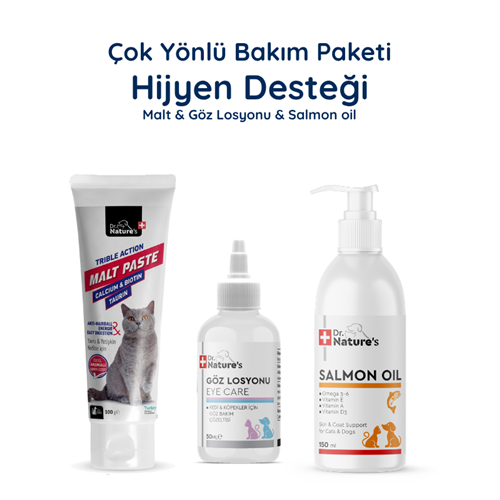 Kedi Malt Macunu + Somon Yağı Omega-3 + Kulak Temizleme Solüsyonu Seti – Tüy Sağlığı ve Bakım Paketi